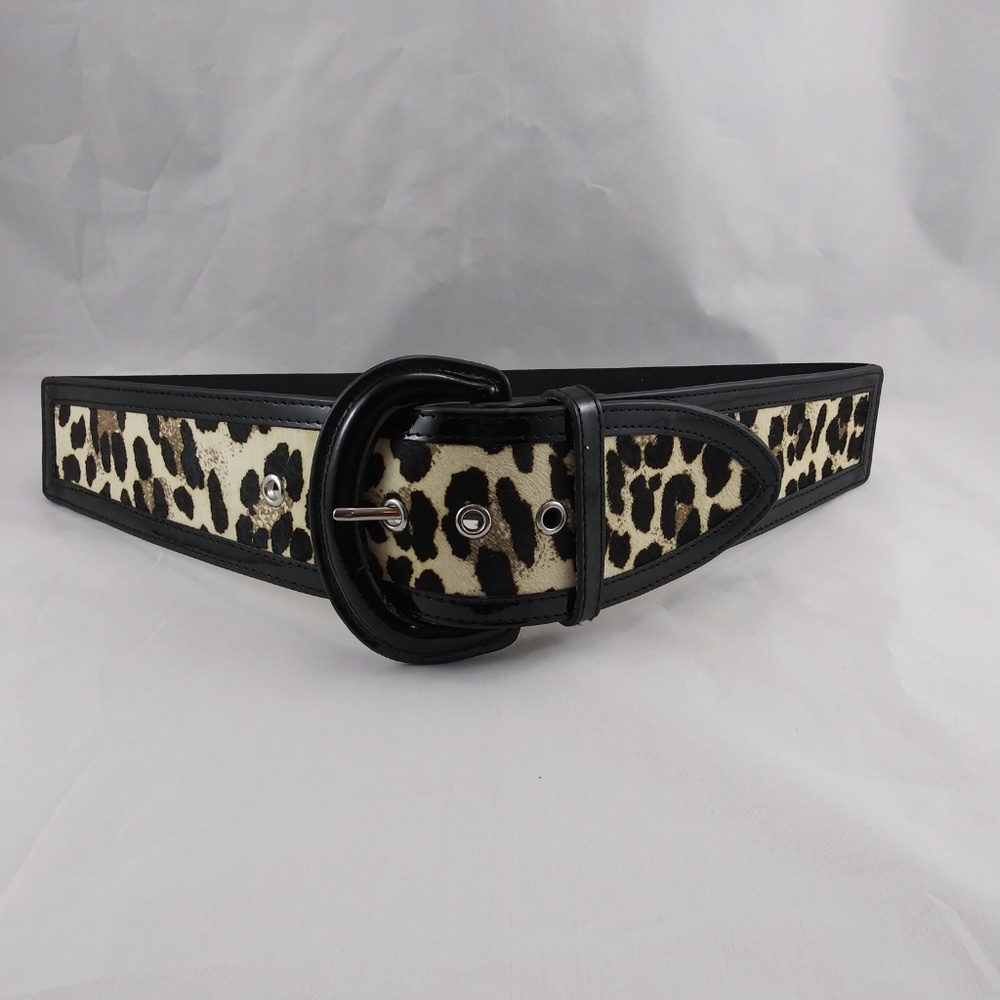 WHBM Animal Print stretch belt black patent trim M